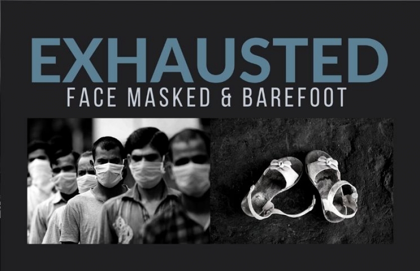Exhausted: Face Masked & Barefoot